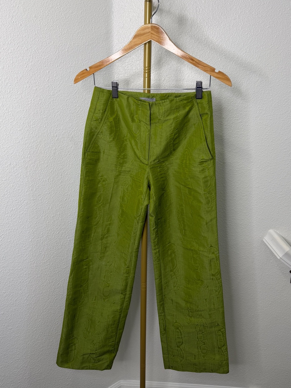 COS Moire Pattern Woven Textured Trouser Pants Green Wide Straight Leg Size 2